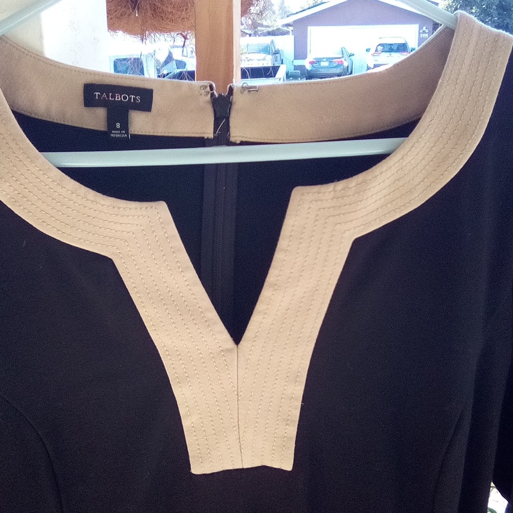 Talbot's dress, middi, black and collar tan, zip up in back size 8